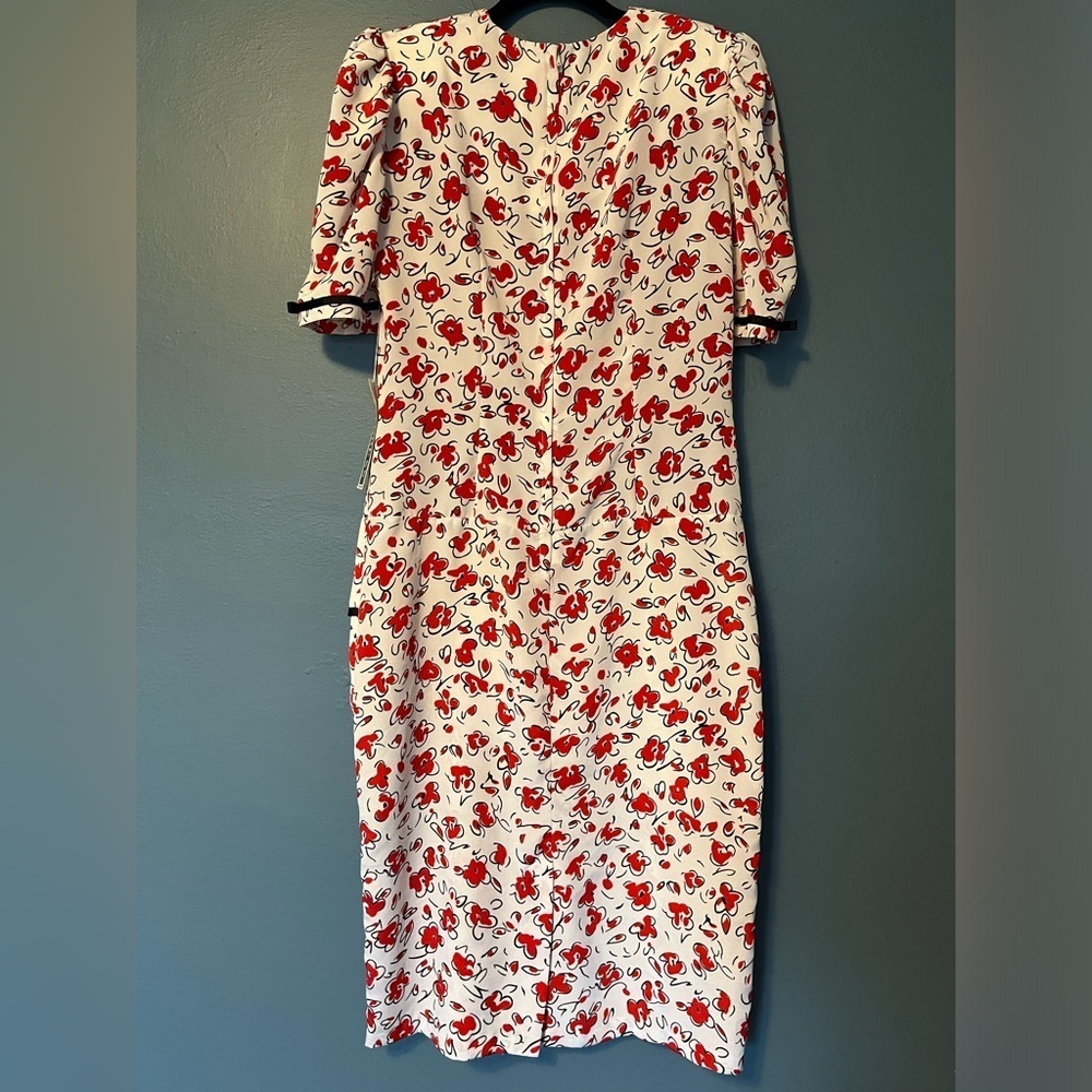 Vintage Dress white red black floral print, tiered skirt, shoulder pads, sz 12 - Picture 6 of 11
